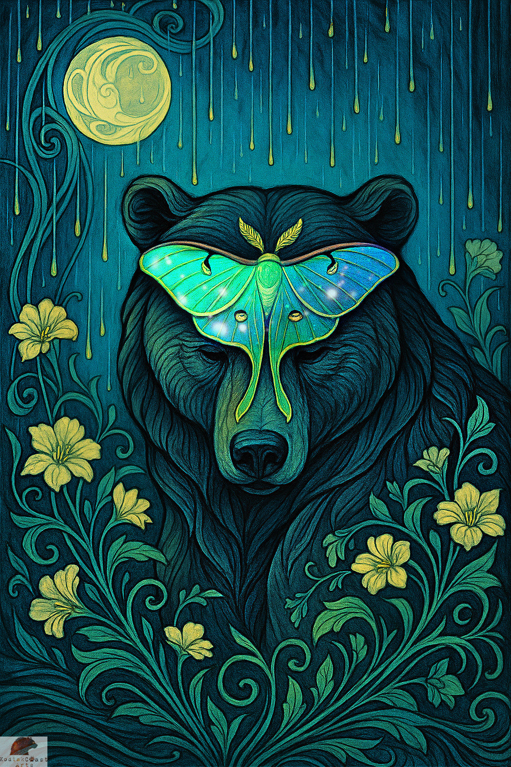 Cloaked in Luna
Part of the KodiakCoastArts collection, Cloaked in Luna captures the quiet mystery of the night. A bear stands beneath a glowing moon, draped in the ethereal wings of a luna moth. This piece symbolizes transformation, guidance, and the unseen magic of the wild. A striking reminder that even in darkness, beauty and light can be found.