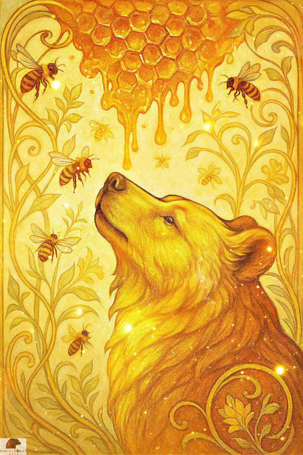 Echo's of the Comb
From the KodiakCoastArts collection, this golden-hued piece celebrates harmony between nature and its sweetest rewards. A bear gazes toward a dripping honeycomb as bees dance around him, symbolizing connection, balance, and the simple joys of life. Echo's of the Comb is a warm reminder of nature’s abundance and the beauty found in working together.