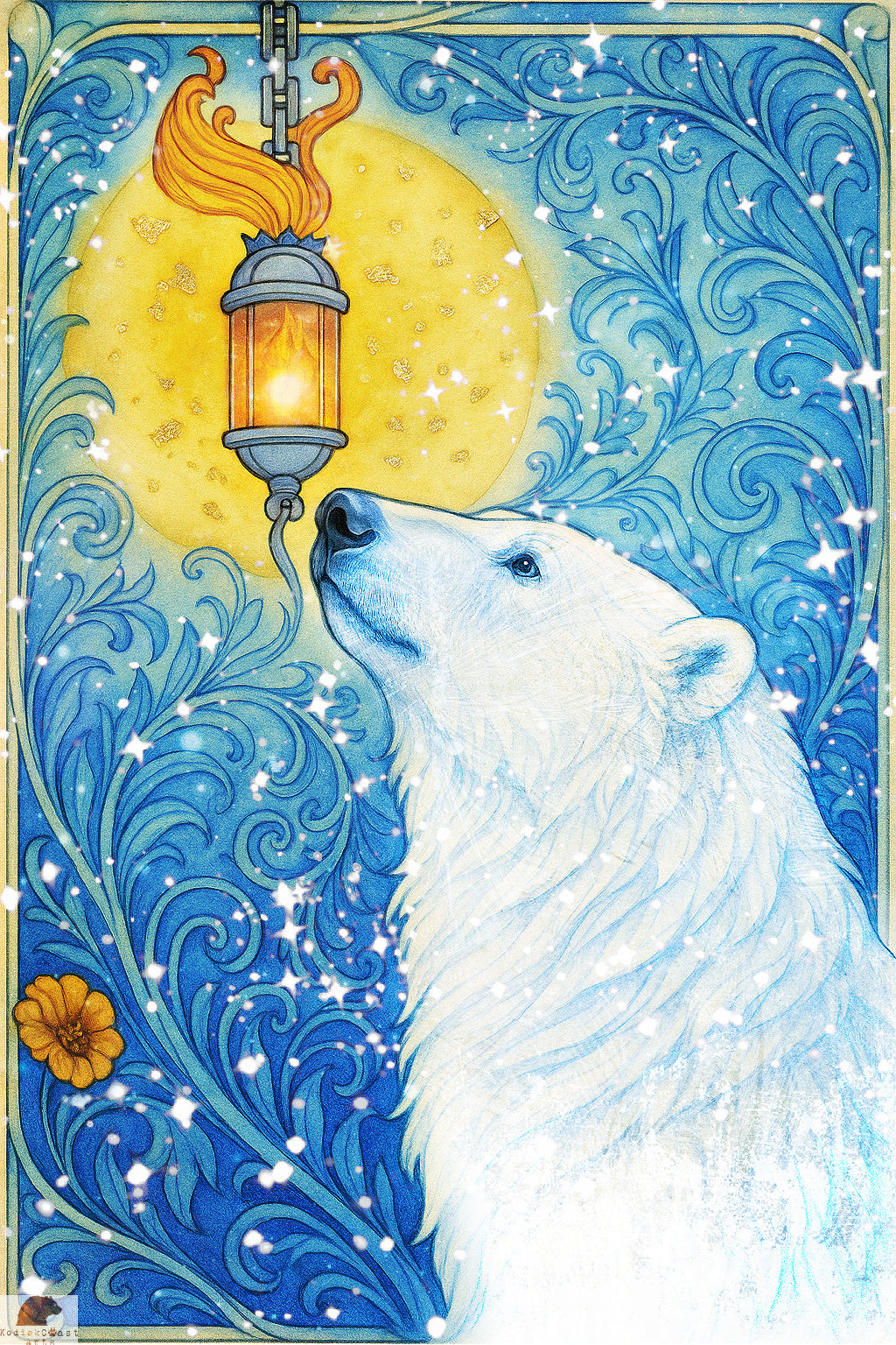 Winter Lamp – Kara’s Light
Part of the KodiakCoastArts collection, this piece captures the quiet strength of a polar bear drawn to a lantern’s glow—a beacon of hope on a cold winter’s night. Inspired by Kara, it symbolizes resilience, warmth, and guidance through life’s darkest seasons. A timeless reminder that even in the deepest winter, light endures.